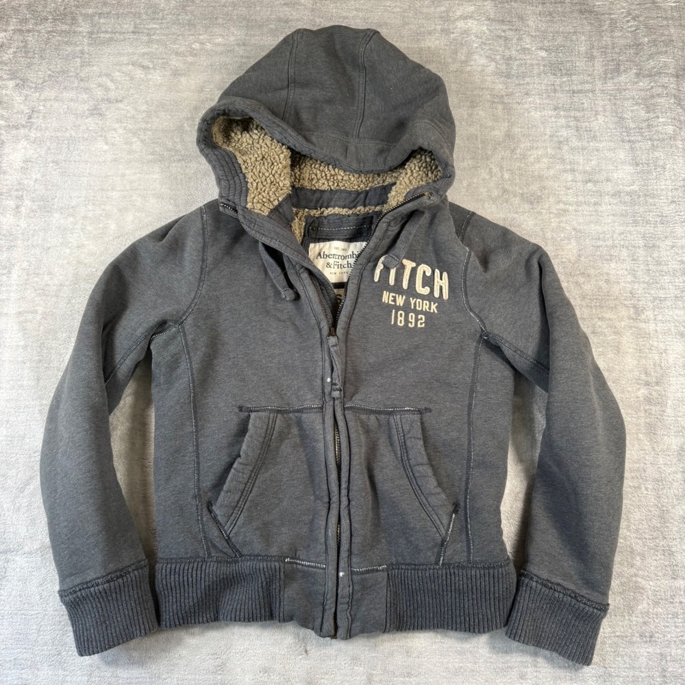Abercrombie & Fitch Hoodie Mens Small Grey Sherpa Lined Zip Up Logo Y2K